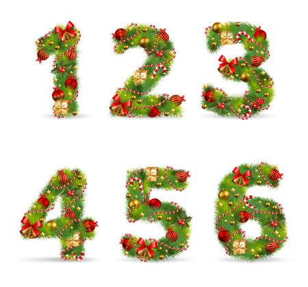 123456, vector christmas tree font with green fir and baublesのイラスト素材