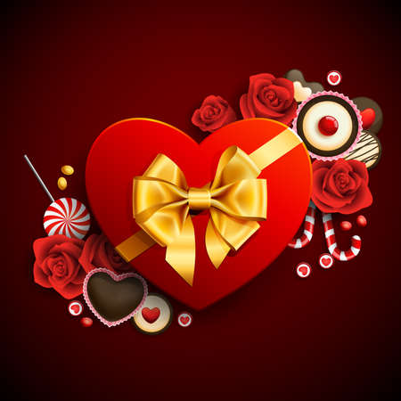 Red heart shape gift with sweets. Valentine backgroundのイラスト素材