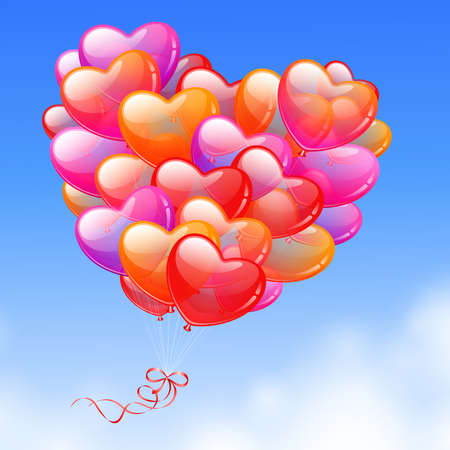Colorful Heart Shaped Balloons in the skyのイラスト素材