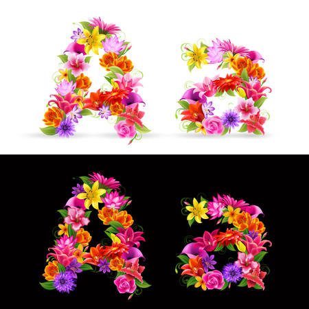 A,   colorful flower font on white and black background.のイラスト素材