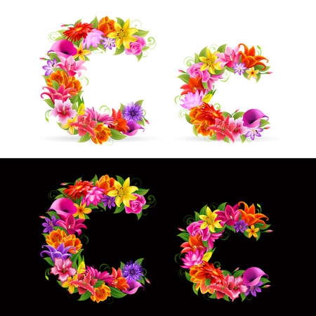 c,  colorful flower font on white and black background.のイラスト素材
