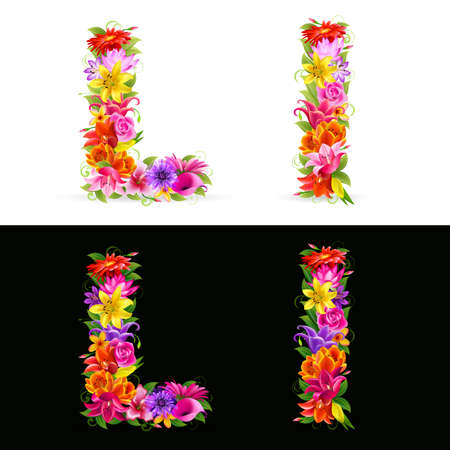L,  colorful flower font on white and black background.のイラスト素材