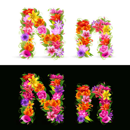 N,  colorful flower font on white and black background.のイラスト素材