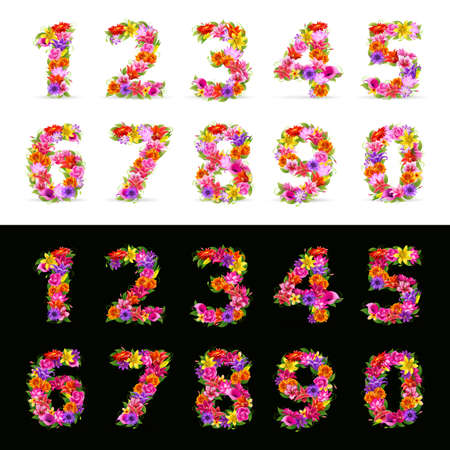 numbers,  colorful flower font on black and whiteのイラスト素材