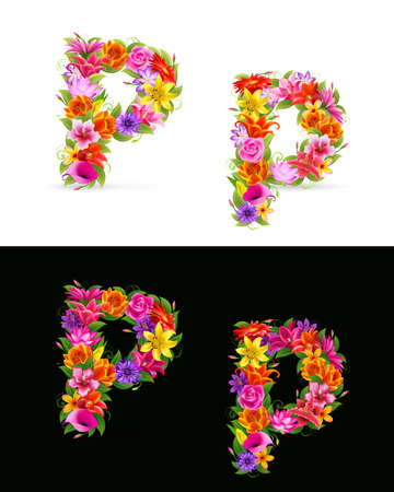 P,  colorful flower font on white and black background.のイラスト素材
