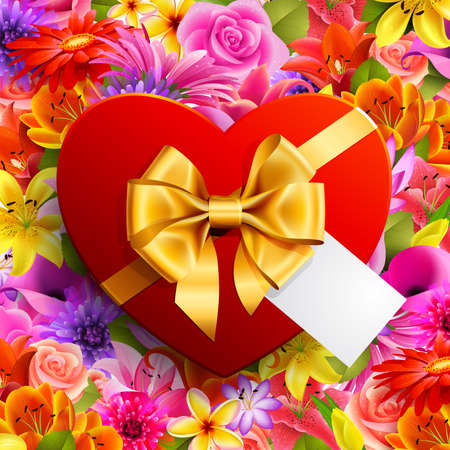 Red heart shaped gift with golden bow on flower backgroundのイラスト素材