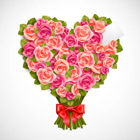 heart shaped posy of tender pink roses with red bowのイラスト素材