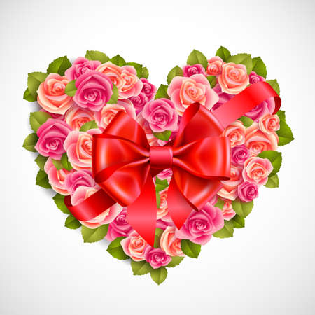 heart of tender pink roses with red bowのイラスト素材