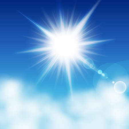 Sun with rays on a blu sky other the clouds. Vector illustration