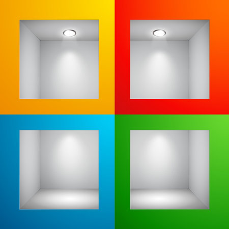 3d Empty shelves for exhibit in the wall. Vector illustration.のイラスト素材