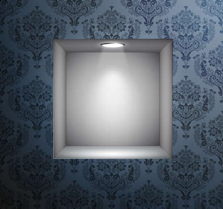 3d Empty shelf for exhibit in the wall with vintage wallpapers. Vector illustrationのイラスト素材