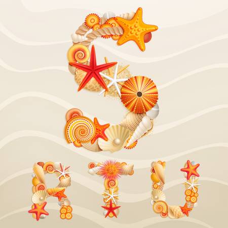 Vector sea life font on sand background. Check my portfolio for other letters, and numbers.のイラスト素材