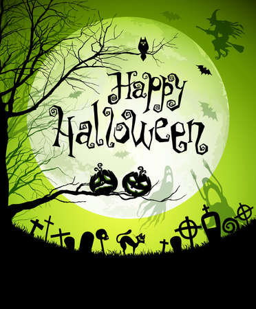 Halloween illustration with black silhouettes on moon background.のイラスト素材