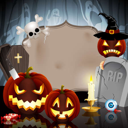Halloween card on forest background with different objects and place for text.のイラスト素材