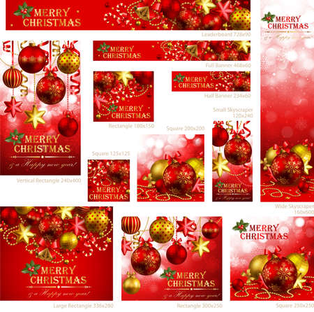 Collection of Christmas banners with baubles and place for text. Vector illustration.のイラスト素材