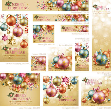 Collection of Christmas vintage banners with baubles and place for text. Vector illustration.のイラスト素材