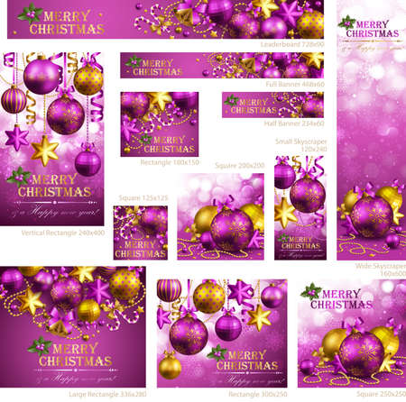 Collection of Christmas banners with baubles and place for text. Vector illustration.のイラスト素材