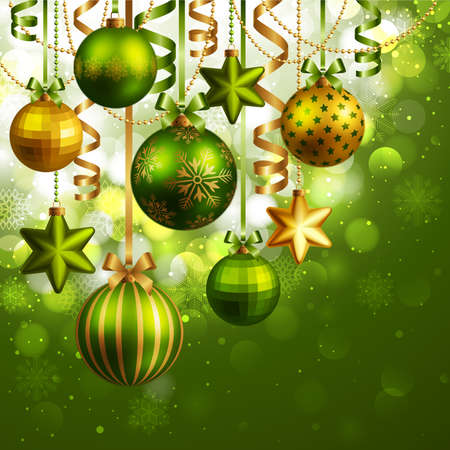 Christmas background with green and golden baubles. Vector illustration.のイラスト素材