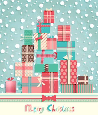Funny Christmas postcard with pile of gifts. Vector illustration.のイラスト素材