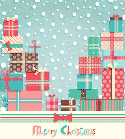 Funny Christmas postcard with pile of gifts. Vector illustration.のイラスト素材