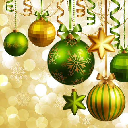 Christmas background with green and golden baubles. Vector illustration.のイラスト素材