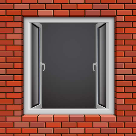 Opened plastic window in red brick wall  Vector illustration のイラスト素材