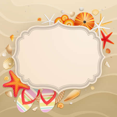 Vintage Holiday greeting card with shells and starfishes and place for text.のイラスト素材