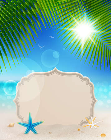 Beautiful seaside view with vintage greeting card, sand and palm leaves. Summer holiday background.のイラスト素材