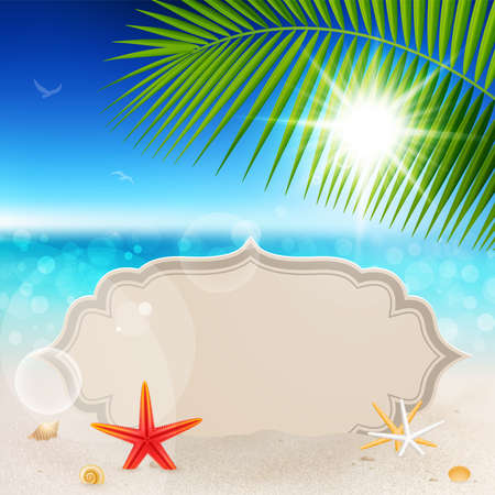 Beautiful seaside view with vintage greeting card, sand and palm leaves. Summer holiday background.のイラスト素材