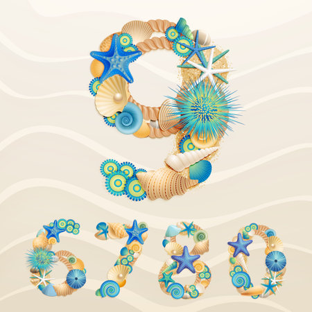 Numbers, sea life font on sand background. Check my portfolio for letters.