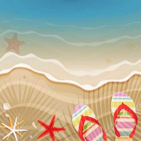 Flip-flops and shells on the beach.  illustrationのイラスト素材
