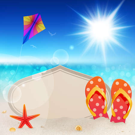 Beautiful seaside view with vintage card, sand and flip-flops のイラスト素材