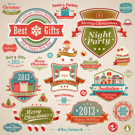 Christmas vintage set - labels, ribbons and other decorative elements   illustration のイラスト素材