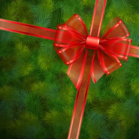 Christmas card - Red transparent bow on fir tree texture   illustration のイラスト素材