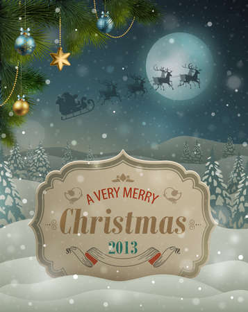 Christmas vintage greeting card on winter landscape.のイラスト素材