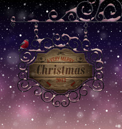 Christmas vintage greeting card - wooden signboard.のイラスト素材