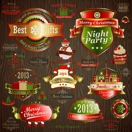 Christmas vintage set - labels and other decorative elements on wood texture. Vector illustration.のイラスト素材