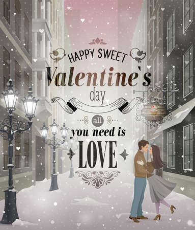 Valentine s Day greeting card - snowy romantic street