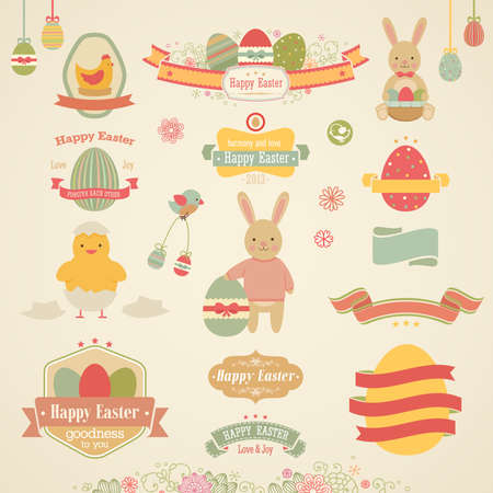 Easter set - labels, emblems and other elements. Vector illustration.のイラスト素材