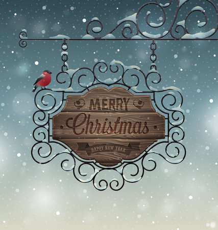 Christmas vintage greeting card - wooden signboard. Vector illustrator.のイラスト素材