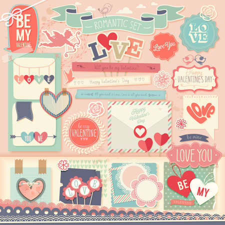 Valentine`s Day scrapbook set - decorative elements. Vector illustration.のイラスト素材