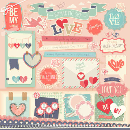 Valentine`s Day scrapbook set - decorative elements. Vector illustration.