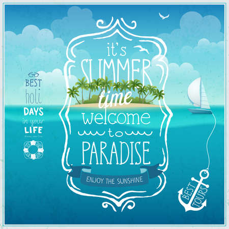 Summer time poster with tropical island and underwather  background.のイラスト素材