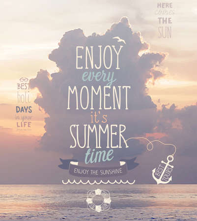 Enjoy every moment poster with sunset sea background.のイラスト素材