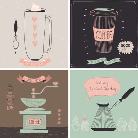 Coffee cards - Hand drawn style. Vector illustration.のイラスト素材