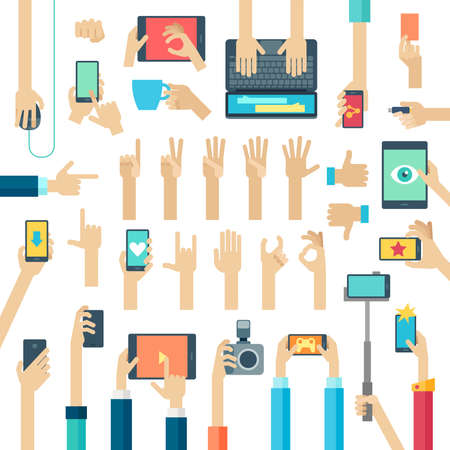 Hands set with gadgets. Vector illustration.のイラスト素材