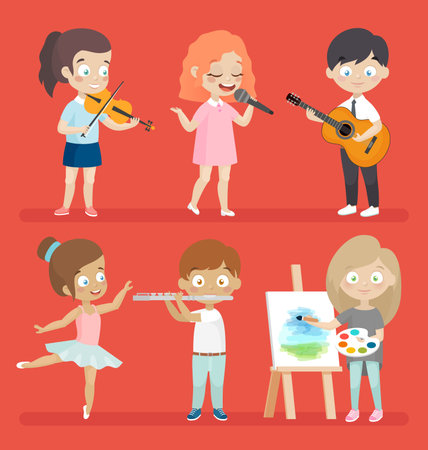 Creative kids playing musical instruments, dancing, painting, playing and singing.のイラスト素材