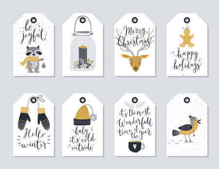 Christmas tags set, hand drawn style. Vector illustration.のイラスト素材