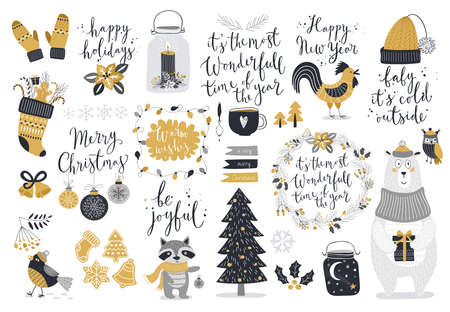 Christmas set, hand drawn style - calligraphy, animals and other elements. Vector illustration.のイラスト素材