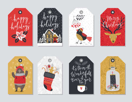 Christmas tags set, hand drawn style. Vector illustration.のイラスト素材